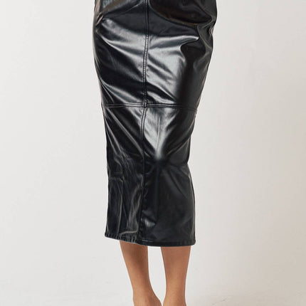 Black High Waist Leather Midi Skirt