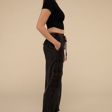 Washed Linen Elastic Band Waist Cargo Pants
