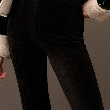 Solid High Waist Fitted Flared Corduroy Pants: BLACK