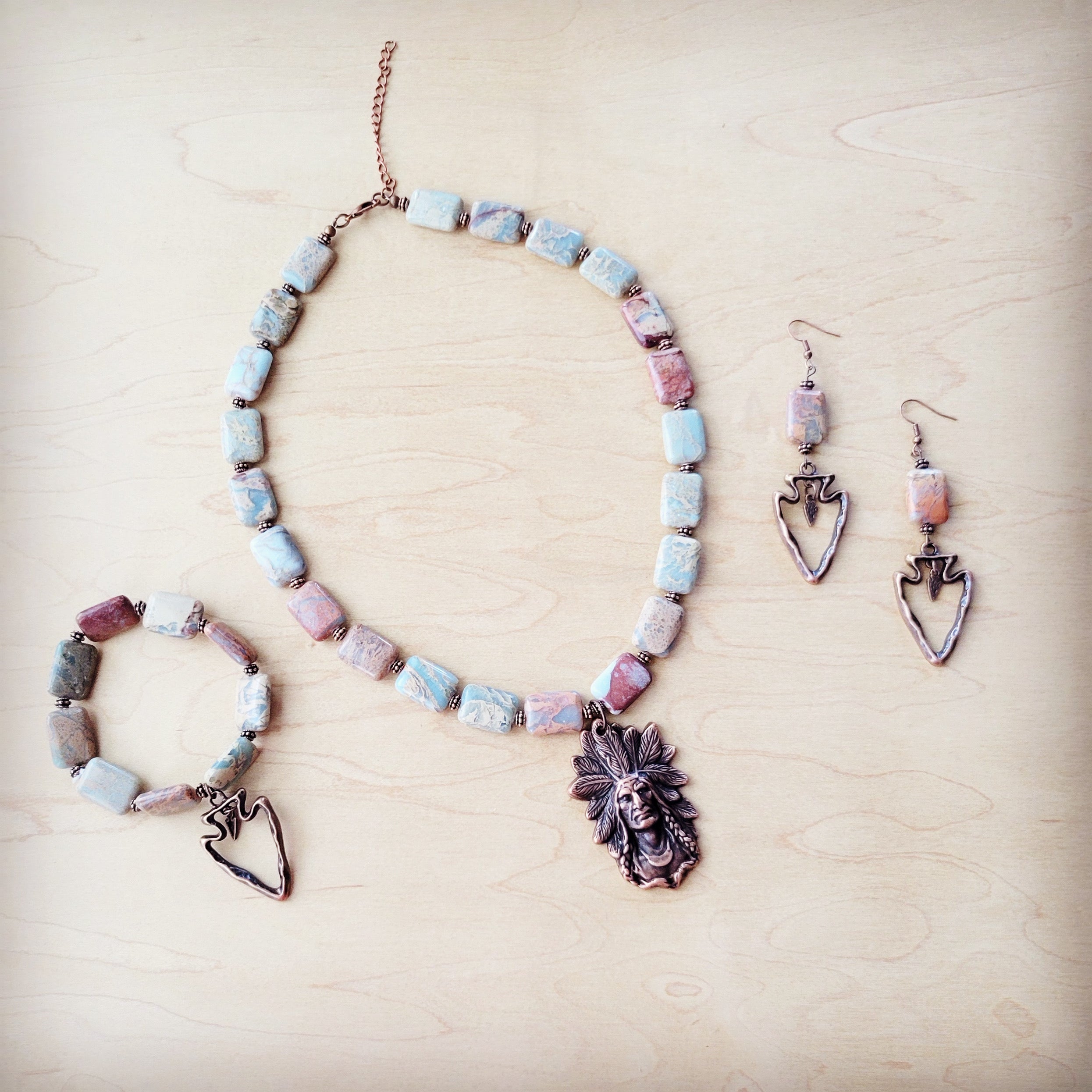 Genuine Aqua Terra Collar Necklace w/ Copper Indian Pendant 261n