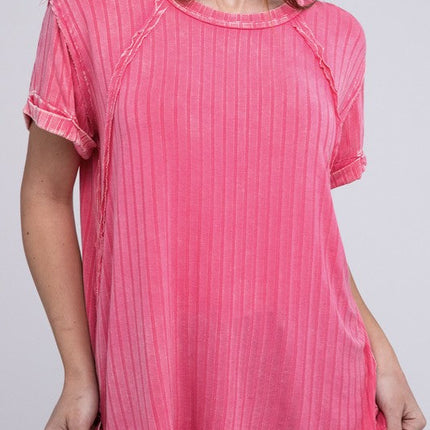 Ribbed Raglan Dolman Sleeve Boat-Neck Top