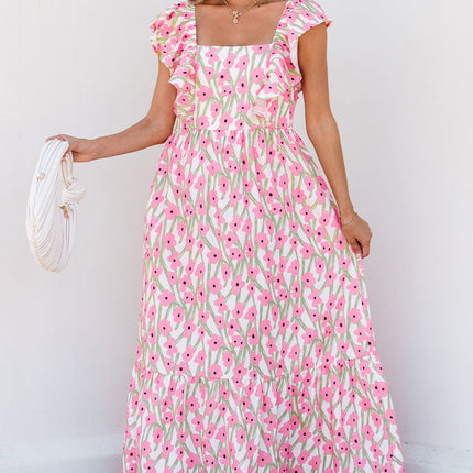Luxury Floral Print Square Neck Ruffled Strap Maxi Dress