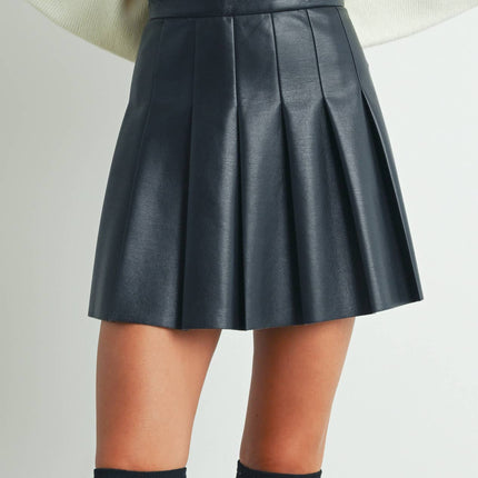 Solid Pleated Leather Mini Skirt