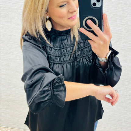 Black Frilled Satin Blouse