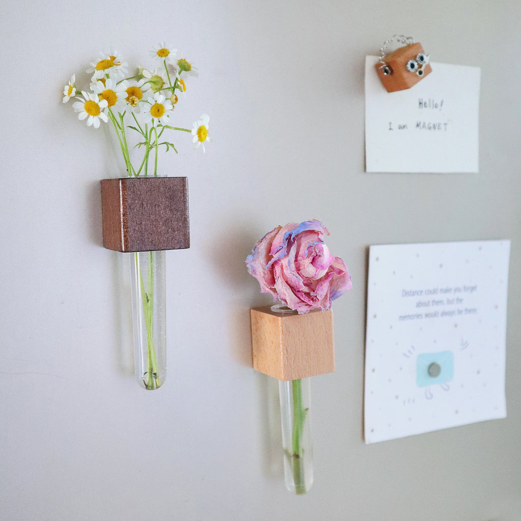 Mini Vase Magnets – Set of 2 – Beech & Walnut Wood – Decorative Fridge Magnets for Small Flowers or Greenery