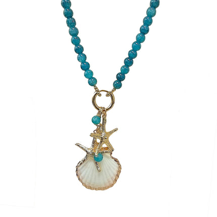 Blue Bead Long Necklace with Shell Design