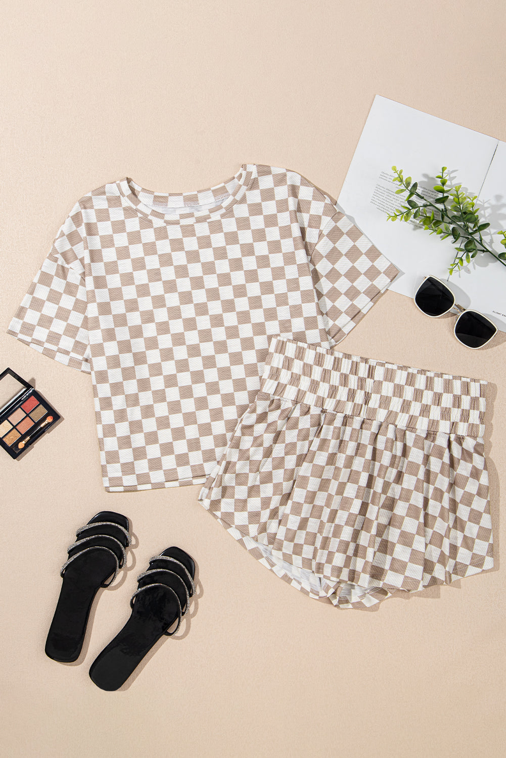 Luxury Checkerboard T Shirt and High Waist Skorts Set