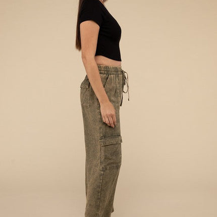 Washed Linen Elastic Band Waist Cargo Pants
