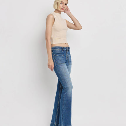 Mid Rise Patch Pocket  Flare Jean