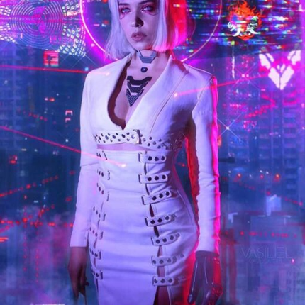 Neon Girl White Leather Coat Cyberpunk 2077