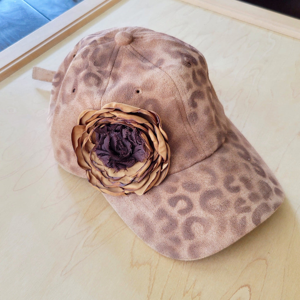 Hand-Painted Leopard Suede Baseball Cap w/ Flowers Tan 986L