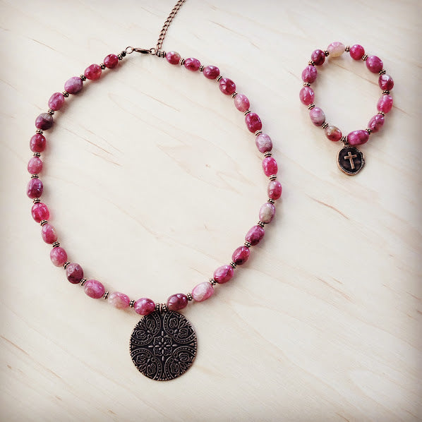 Natural Pink Jade Beaded Collar Necklace w/ Scroll Pendant 261L