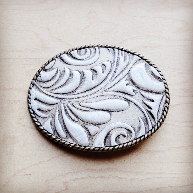 Rope Edge Sandy White Floral Leather Belt Buckle 907i