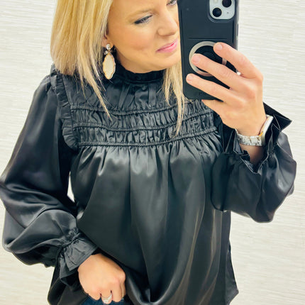 Black Frilled Satin Blouse