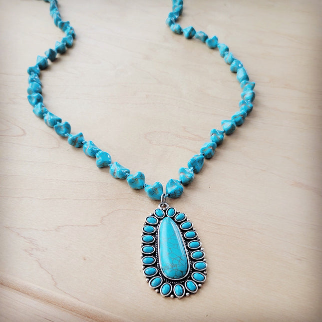 Long Western Turquoise Beaded Necklace w/ Squash Blossom Pendant 261w