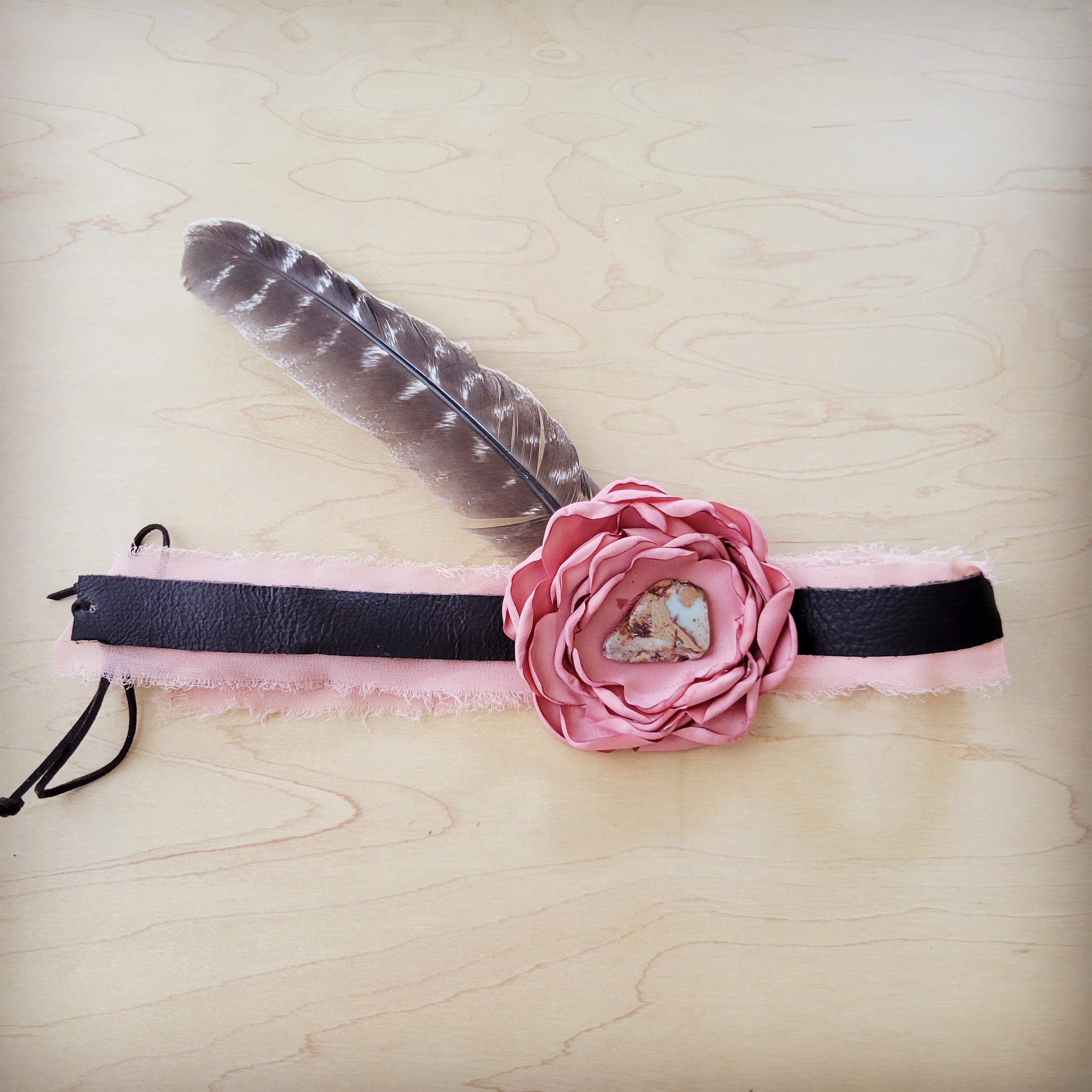 Leather Hat Band w/ Silk Flower & Feathers-Rose (Band Only) 952w