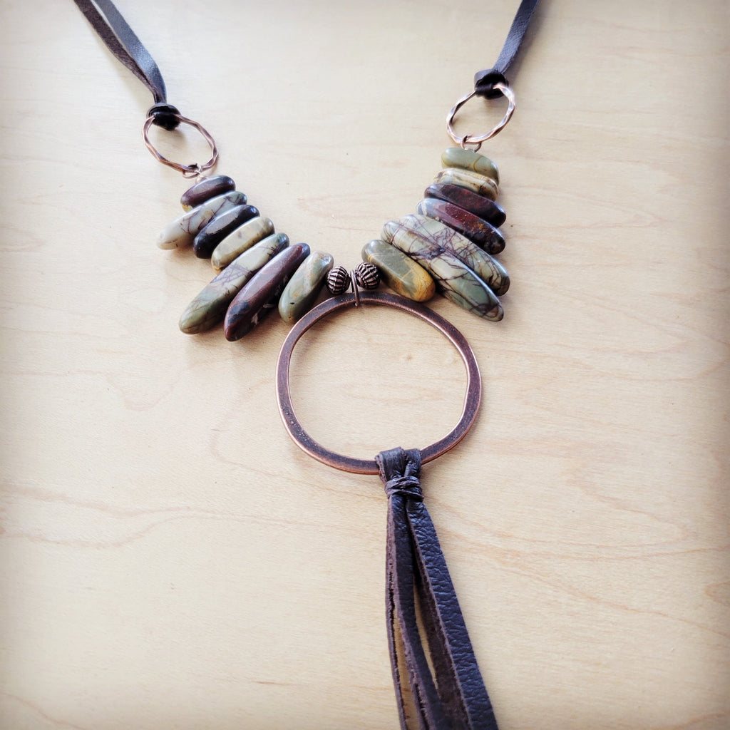 Picasso Jasper Necklace w/ Copper Hoop & Leather Tassel 261e