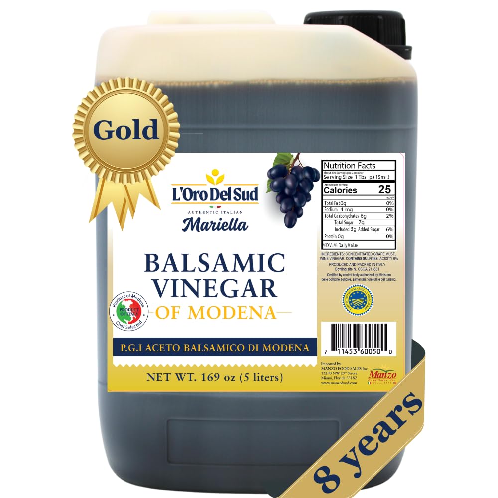L'Oro Del Sud, "Gold Label" 8 year Aged Balsamic Vinegar of Modena, IGP Certified, 5 liters (169 fl oz)