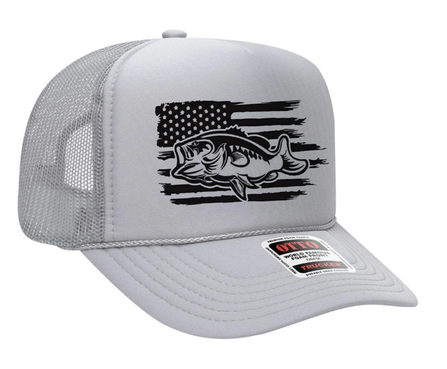 Bass Fishing American Flag Black Design Adult Otto Foam Trucker Hat
