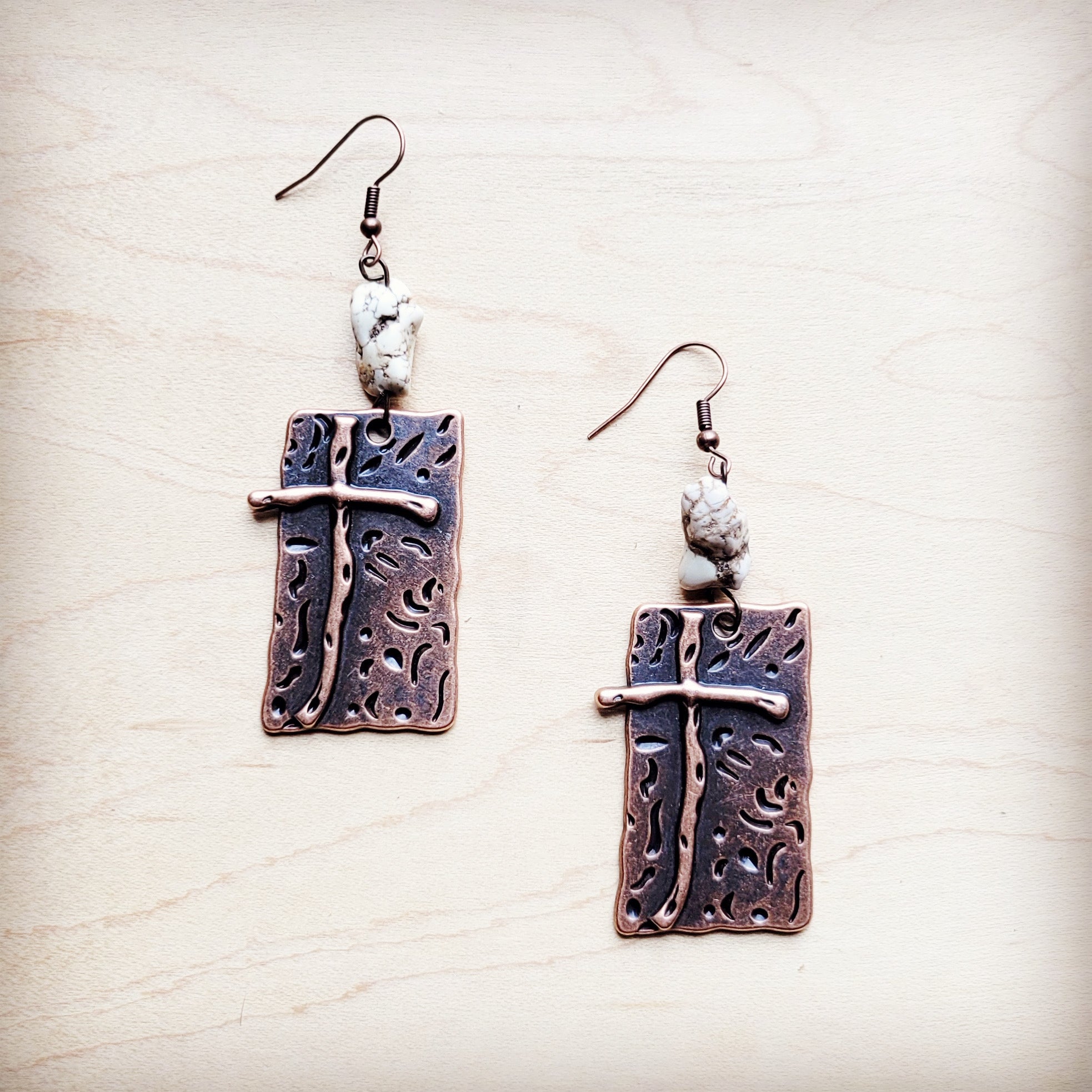 Copper Cross Earrings w/ White Turquoise Chunks 225f