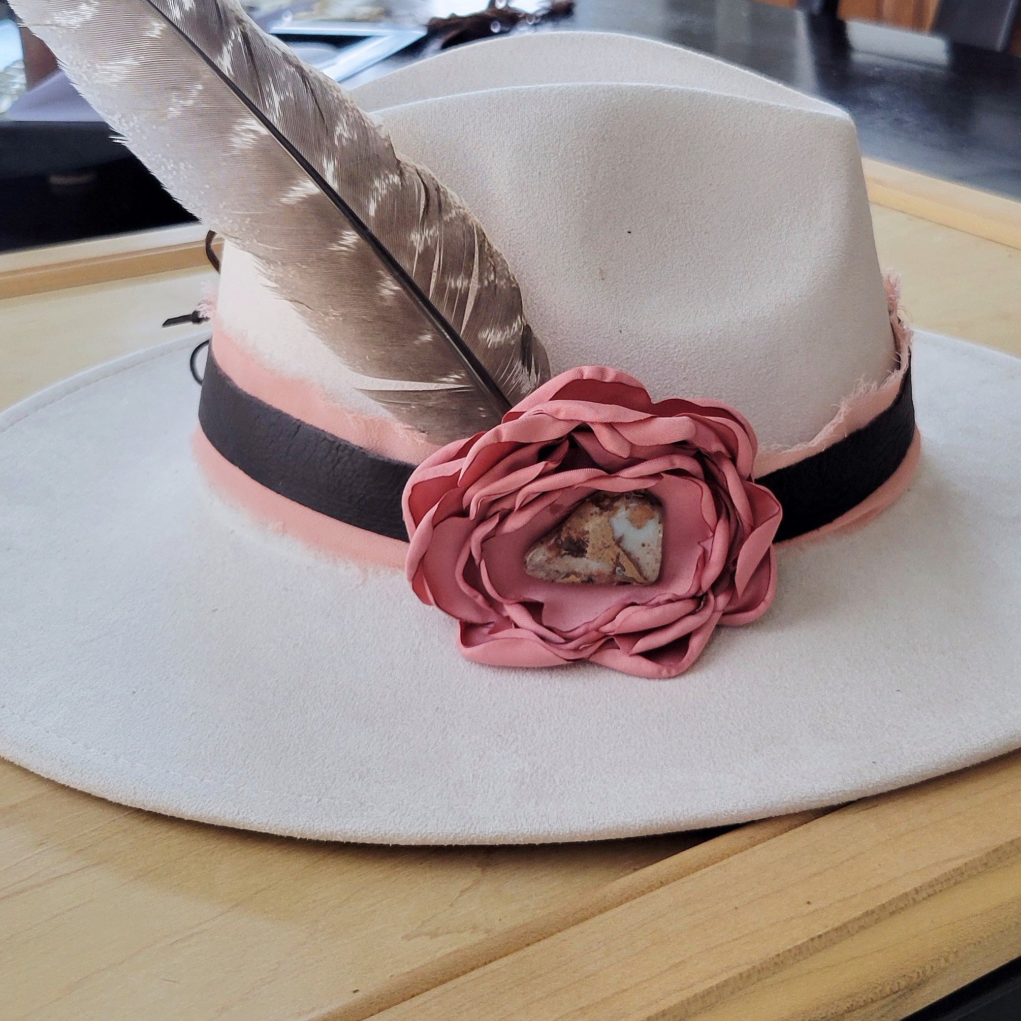 Leather Hat Band w/ Silk Flower & Feathers-Rose (Band Only) 952w