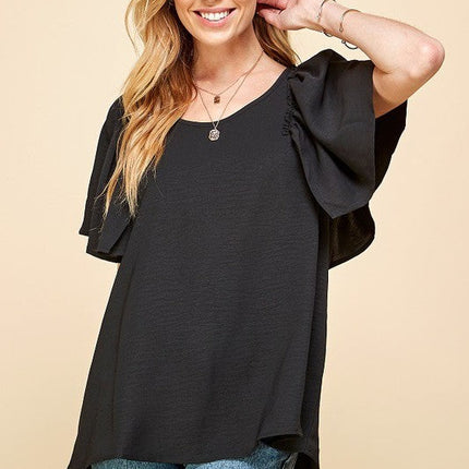 Black Flutter Sleeve Blouse