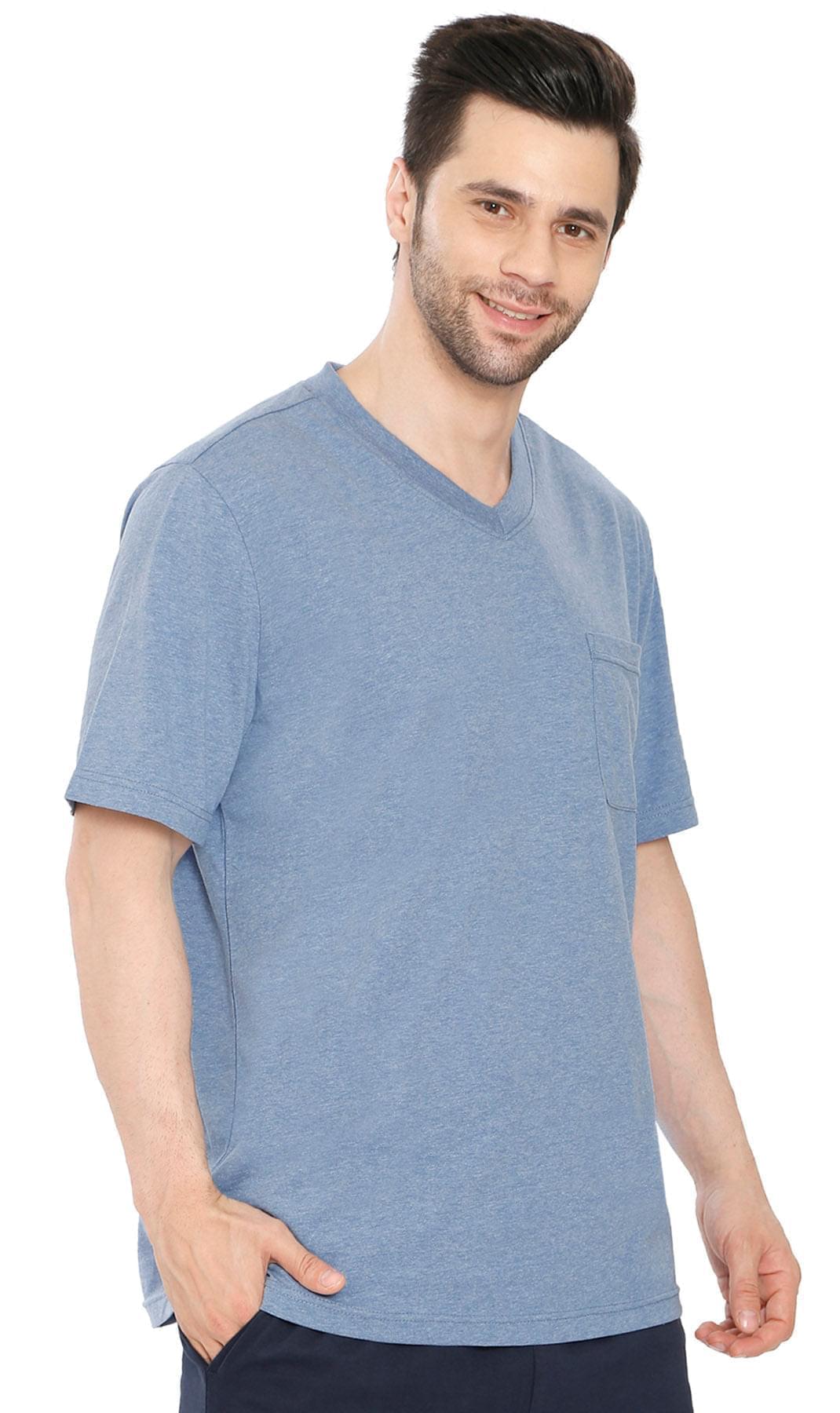 Men’s Short Sleeve Relaxed Fit V-Neck T-Shirt in Cotton Blend with Pocket