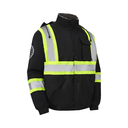 Kiwi High Visibility Hooded & Sherpa Lined ANSI/ISEA 107-2020 Reflector Contrast Trimmed Water Resistant Black Safety Jacket [71200]