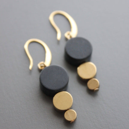 Geometric black stone and brass earrings