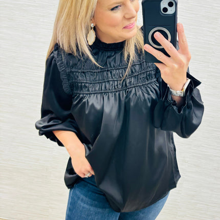 Black Frilled Satin Blouse