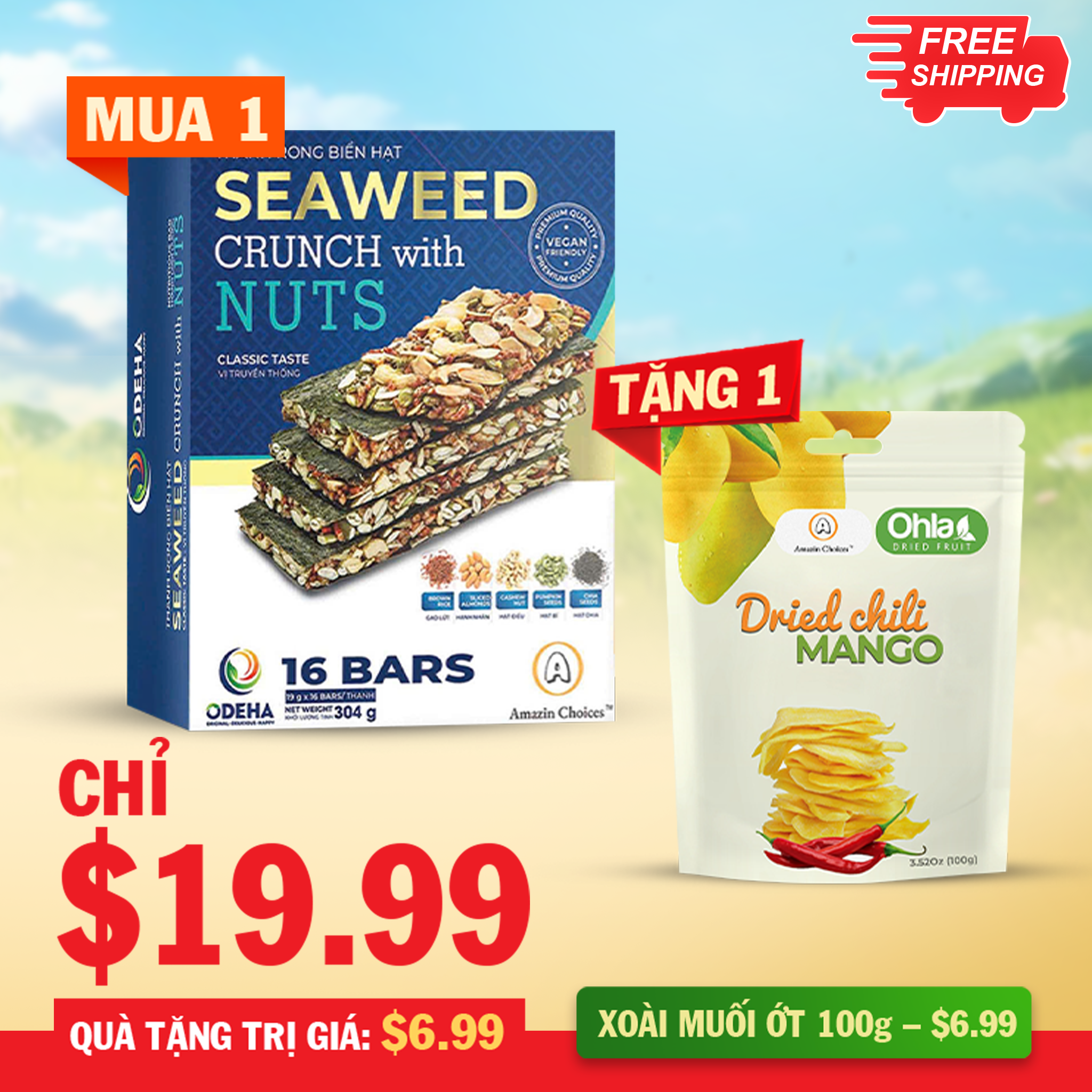Amazin Choices Rong Biển Kẹp Hạt Cao Cấp (16 Thanh) – Snack Thuần Chay Lành Mạnh – Mua $19.99 Tặng Ngay Xoài Cay Sấy Dẻo 100g (Trị giá: $7.99 )