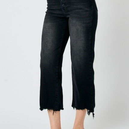 JB Vintage Black Button Fly Crop Raw Edge Denim