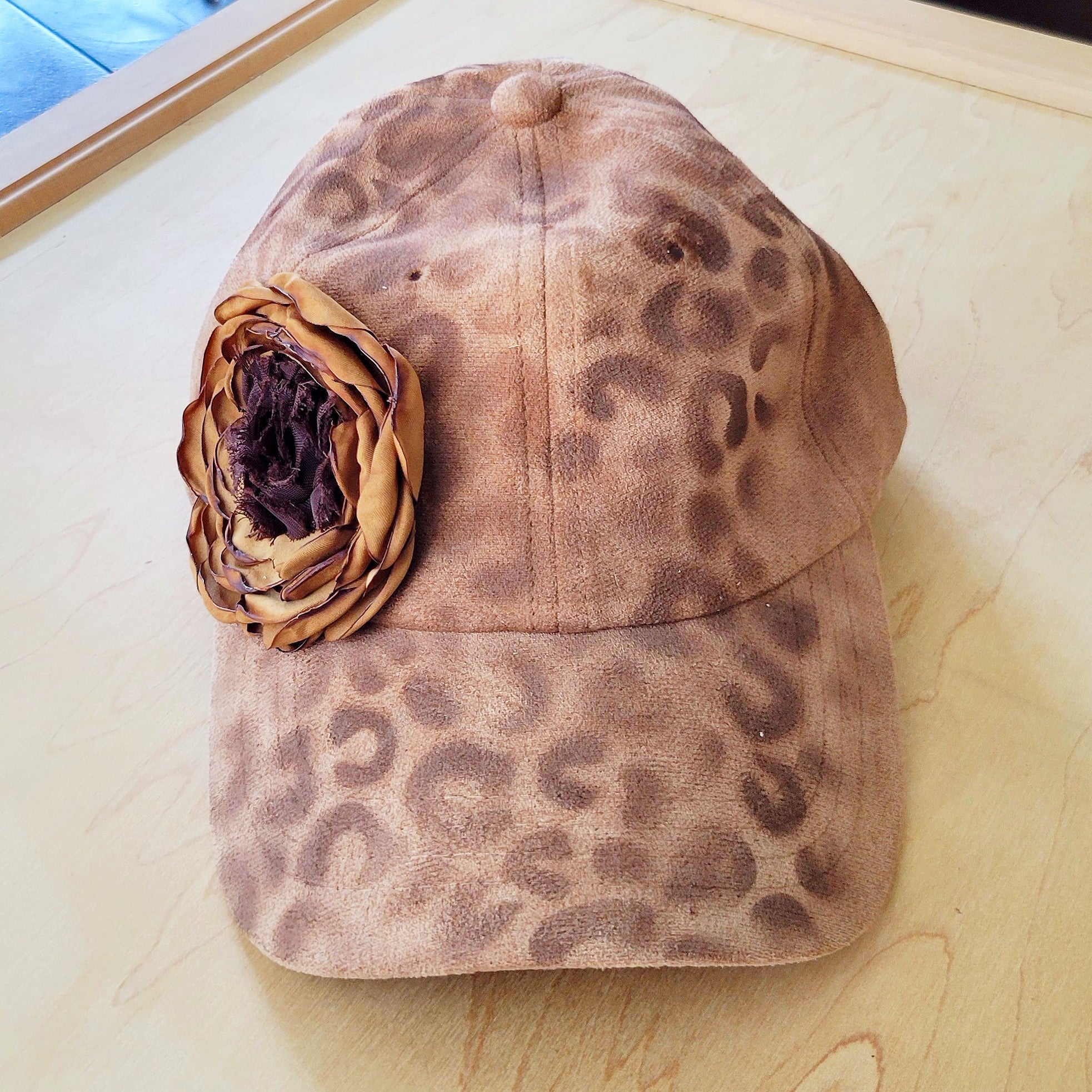 Hand-Painted Leopard Suede Baseball Cap w/ Flowers Tan 986L