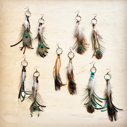 Black Deer Skin Leather Tassel Earring Peacock Feather 219j