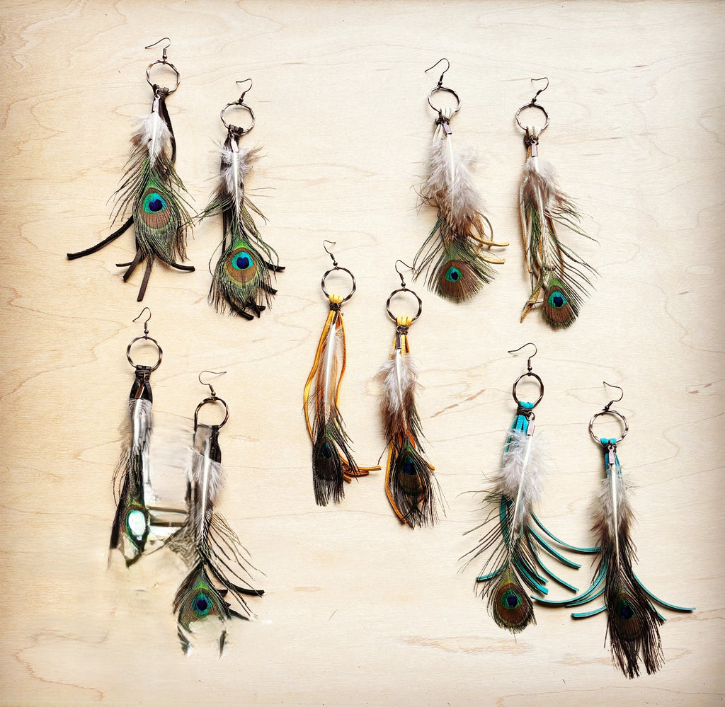 Yellow Deer Skin Leather Tassel Earring Peacock Feather 219i