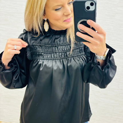 Black Frilled Satin Blouse