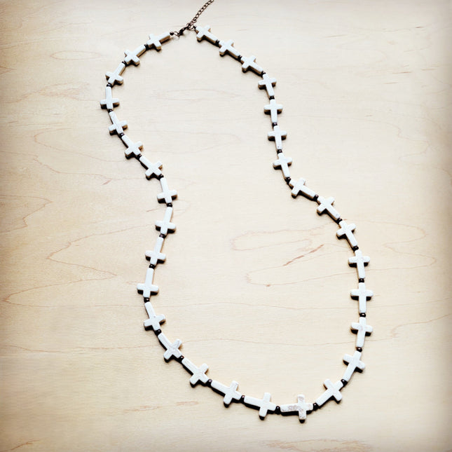 **White Turquoise & Wood Beaded Cross Necklace 258o