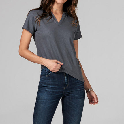 WOMEN'S LINEN BLEND CROSS V NECK TEE - GREY