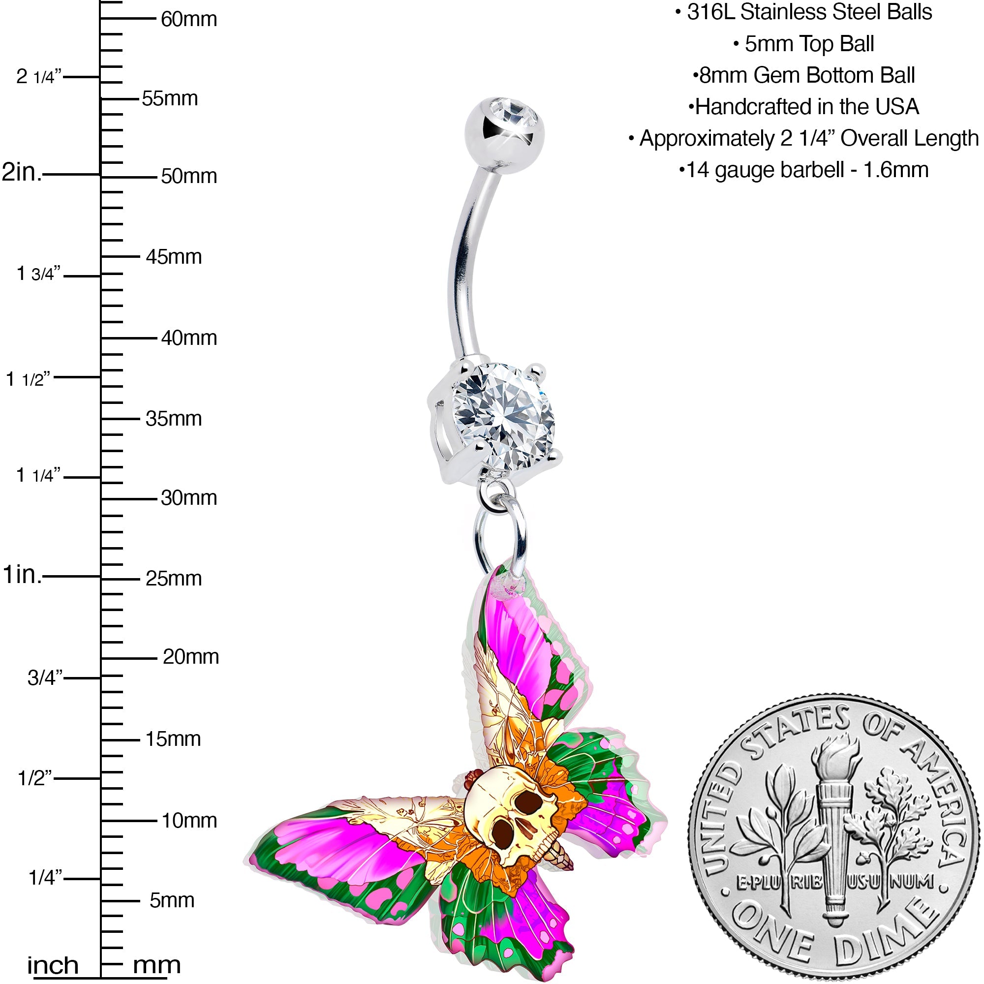 Clear Gem Butterfly Skull Dangle Belly Ring by Onyx O