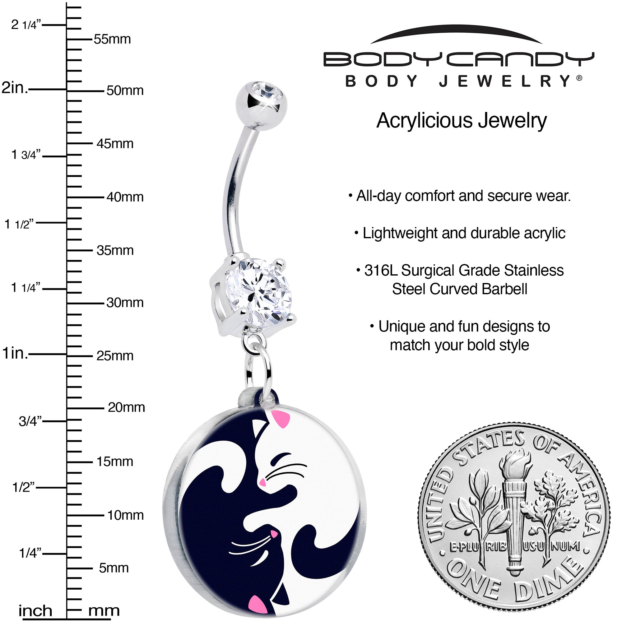 Double Gem Yin Yang Cat Dangle Belly Ring by Onyx O