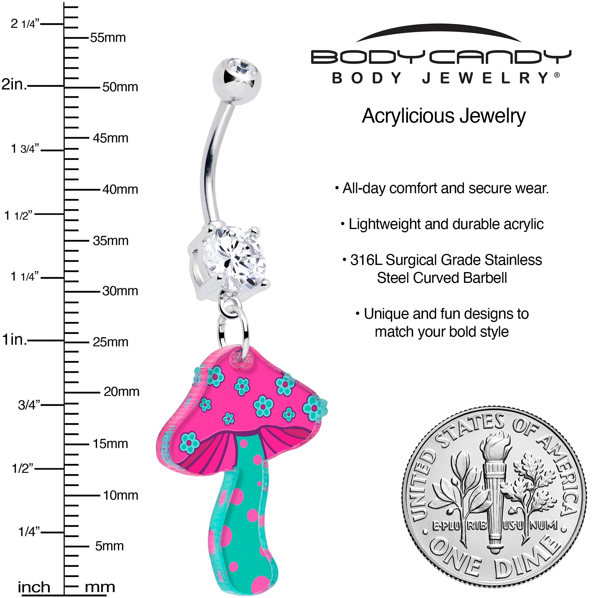 Double Gem Funky Floral Mushroom Dangle Belly Ring by Onyx O