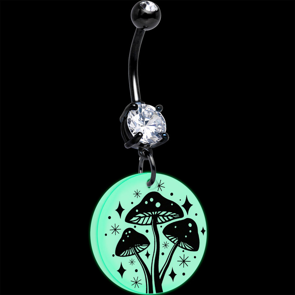 Black Double Gem Glow in the Dark Mystic Mushroom Dangle Belly Ring by Onyx O
