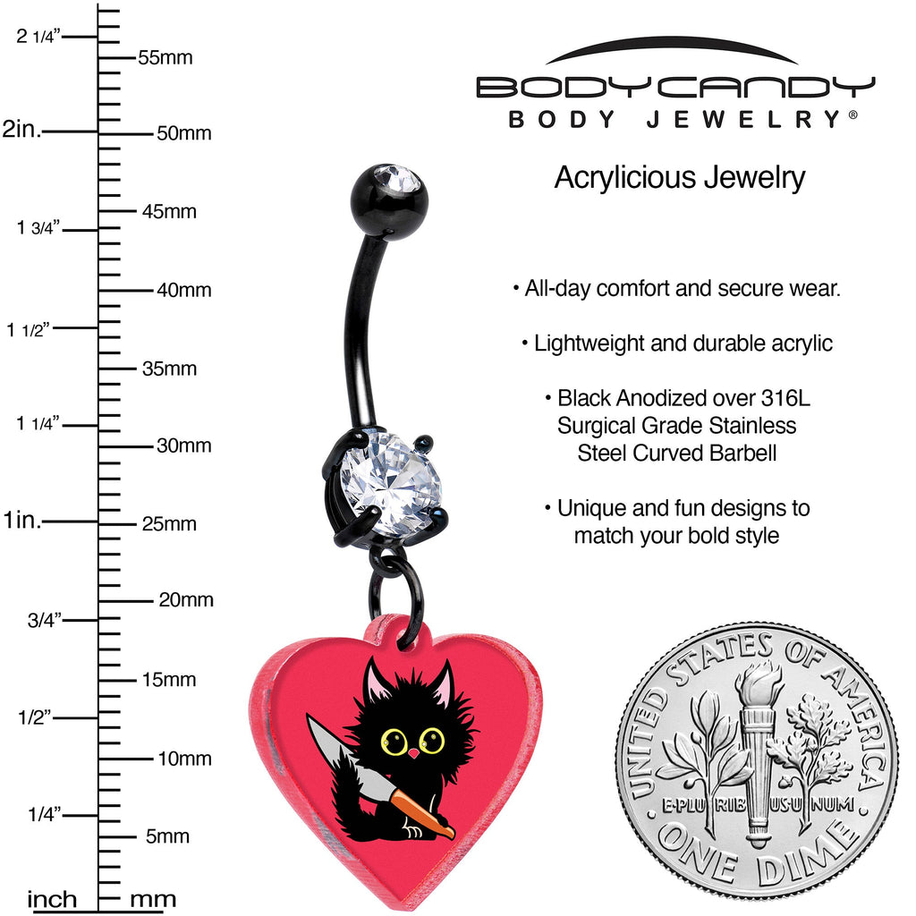 Black Double Gem Heart Staby Cat Dangle Belly Ring by Onyx O