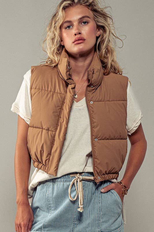 Camel Puffer Vest with Adjustable Hem