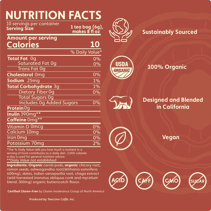 Chaga Ashwagandha Butterscotch Cream Mushroom Herbal Tea