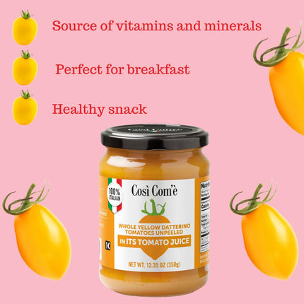 Così Com’è, Italian Yellow Datterino Tomatoes Unpeeled in Own Juice – 12.3 oz (350 g)
