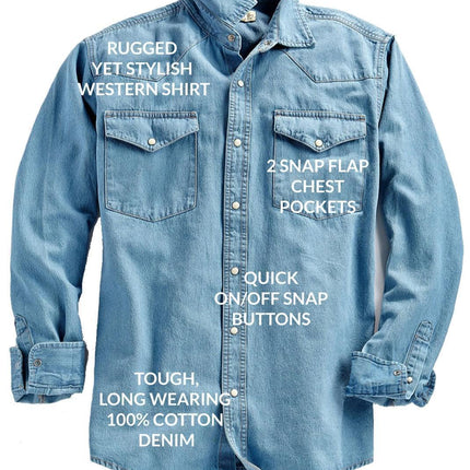 Mens Western Snap Front Button Shirt in Denim and Twill with a Stitched Yoke and Chest Pockets