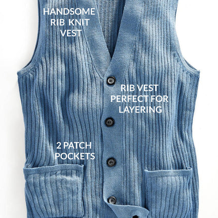 Men's Relaxed Fit Rib Knit Sweater Vest - Button Front with Pockets
