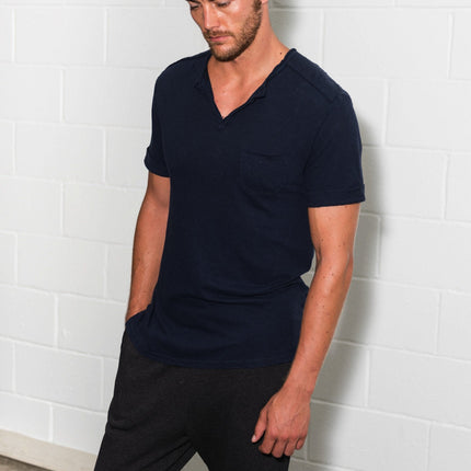 Men's Linen Blend Raw Edge Split V-Neck Tee