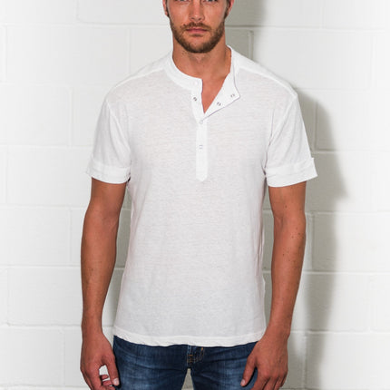 Men's Cotton Linen Snap-Up Mock Neck Tee